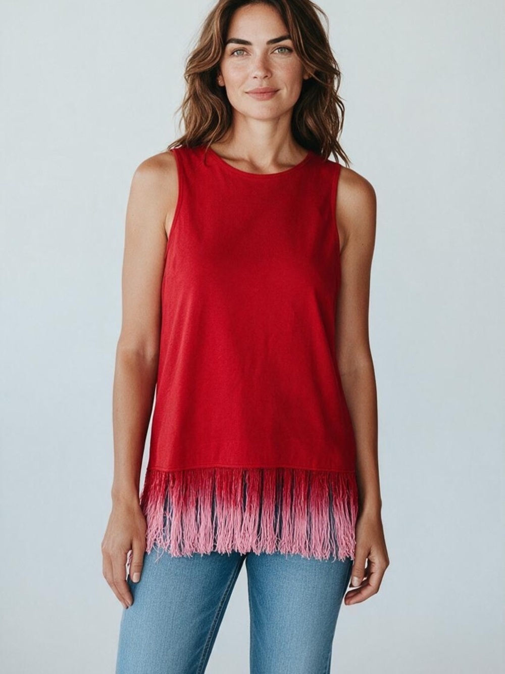 Red Fringe Hem Sleeveless Top